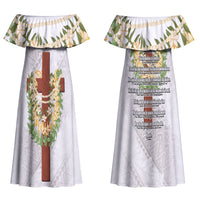 Hawaii Ka Pule a ka Haku Memorial Couples Matching Off Shoulder Maxi Dress and Long Sleeve Button Shirt Flower Lei Cross - Ivory White LT7 - Polynesian Pride