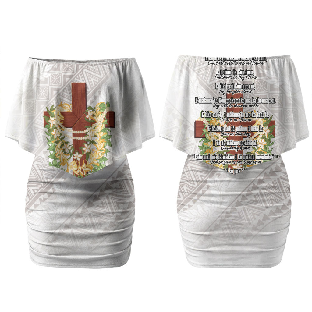 Hawaii Ka Pule a ka Haku Memorial Couples Matching Off Shoulder Short Dress and Hawaiian Shirt Flower Lei Cross - Ivory White LT7 - Polynesian Pride