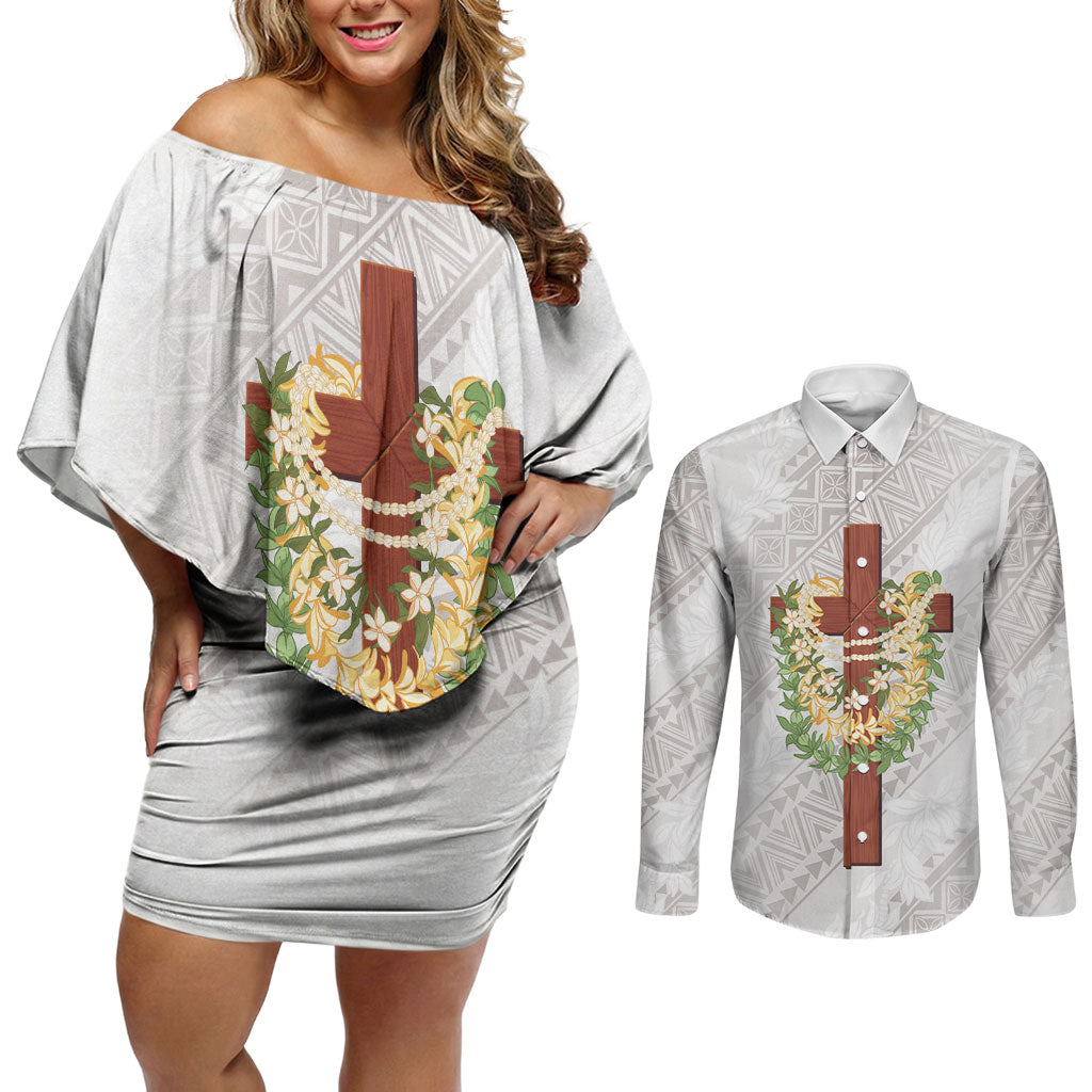 Hawaii Ka Pule a ka Haku Memorial Couples Matching Off Shoulder Short Dress and Long Sleeve Button Shirt Flower Lei Cross - Ivory White LT7 Ivory - Polynesian Pride