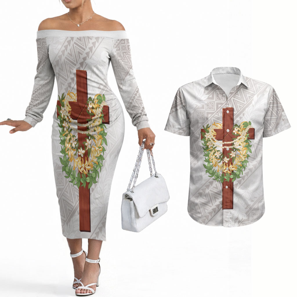Hawaii Ka Pule a ka Haku Memorial Couples Matching Off The Shoulder Long Sleeve Dress and Hawaiian Shirt Flower Lei Cross - Ivory White LT7 Ivory - Polynesian Pride