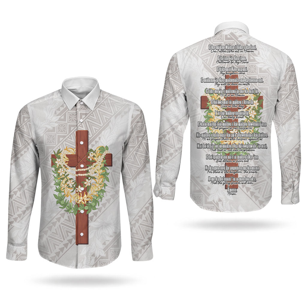 Hawaii Ka Pule a ka Haku Memorial Couples Matching Off The Shoulder Long Sleeve Dress and Long Sleeve Button Shirt Flower Lei Cross - Ivory White LT7 - Polynesian Pride