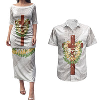 Hawaii Ka Pule a ka Haku Memorial Couples Matching Puletasi and Hawaiian Shirt Flower Lei Cross - Ivory White LT7 Ivory - Polynesian Pride
