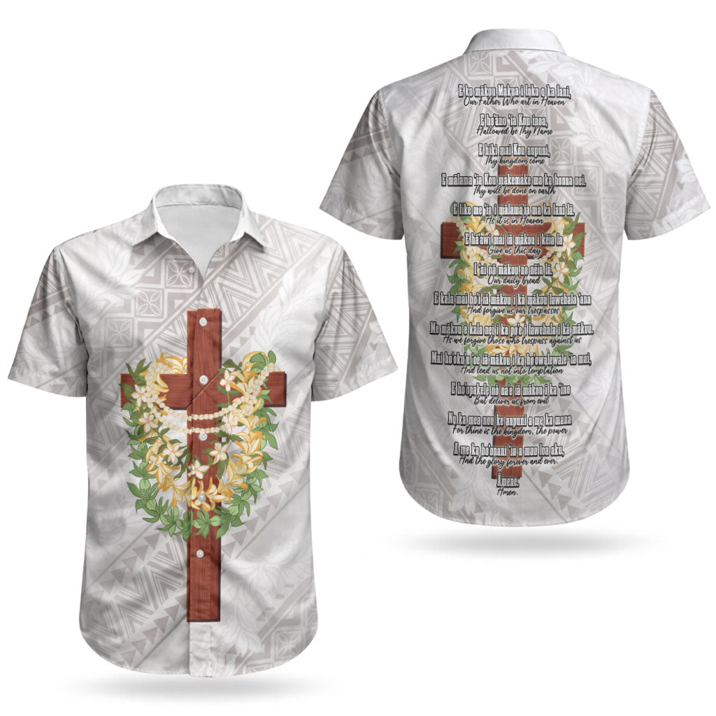 Hawaii Ka Pule a ka Haku Memorial Couples Matching Puletasi and Hawaiian Shirt Flower Lei Cross - Ivory White LT7 - Polynesian Pride