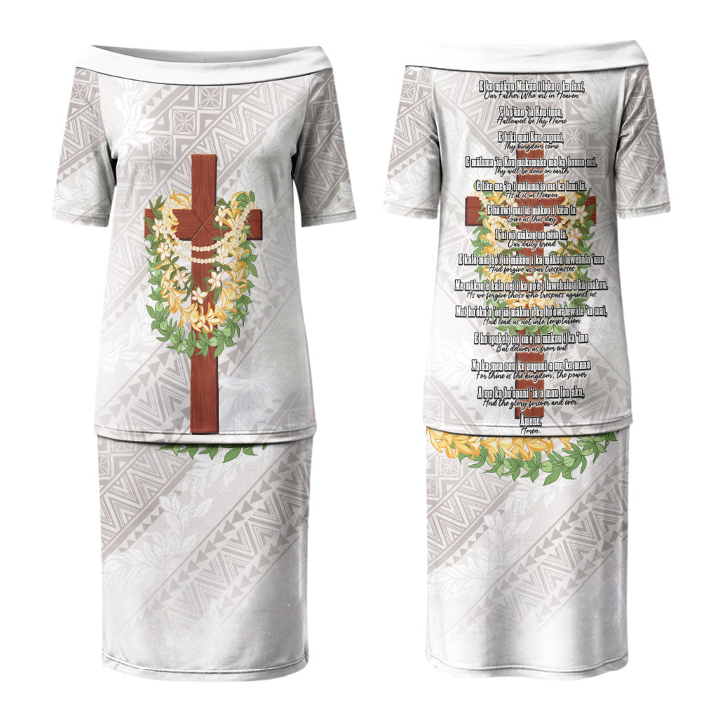 Hawaii Ka Pule a ka Haku Memorial Couples Matching Puletasi and Hawaiian Shirt Flower Lei Cross - Ivory White LT7 - Polynesian Pride