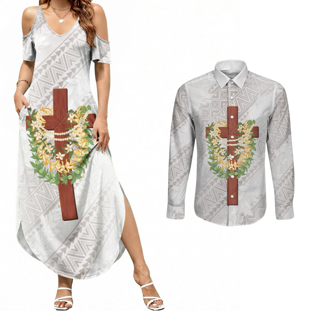 Hawaii Ka Pule a ka Haku Memorial Couples Matching Summer Maxi Dress and Long Sleeve Button Shirt Flower Lei Cross - Ivory White LT7 Ivory - Polynesian Pride