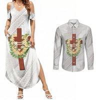 Hawaii Ka Pule a ka Haku Memorial Couples Matching Summer Maxi Dress and Long Sleeve Button Shirt Flower Lei Cross - Ivory White LT7 Ivory - Polynesian Pride