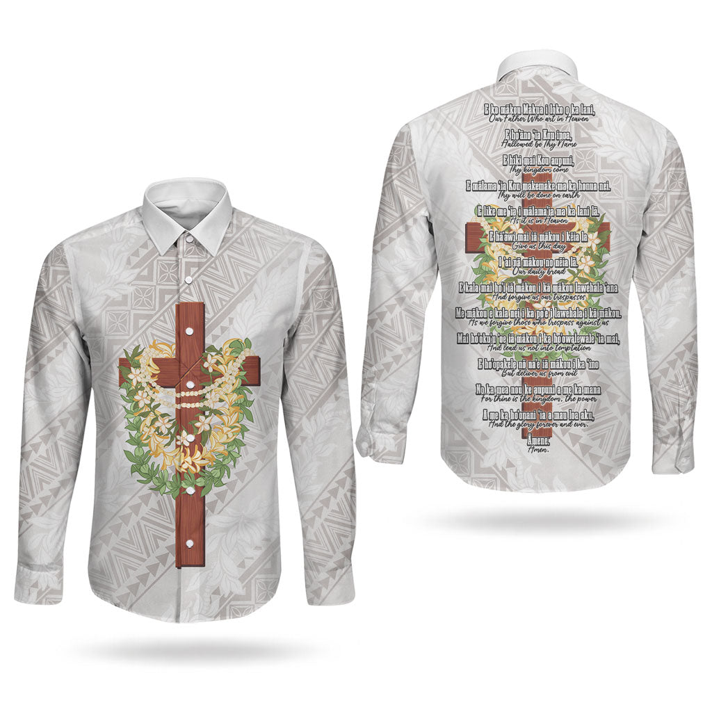Hawaii Ka Pule a ka Haku Memorial Couples Matching Summer Maxi Dress and Long Sleeve Button Shirt Flower Lei Cross - Ivory White LT7 - Polynesian Pride