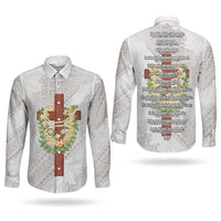 Hawaii Ka Pule a ka Haku Memorial Couples Matching Summer Maxi Dress and Long Sleeve Button Shirt Flower Lei Cross - Ivory White LT7 - Polynesian Pride