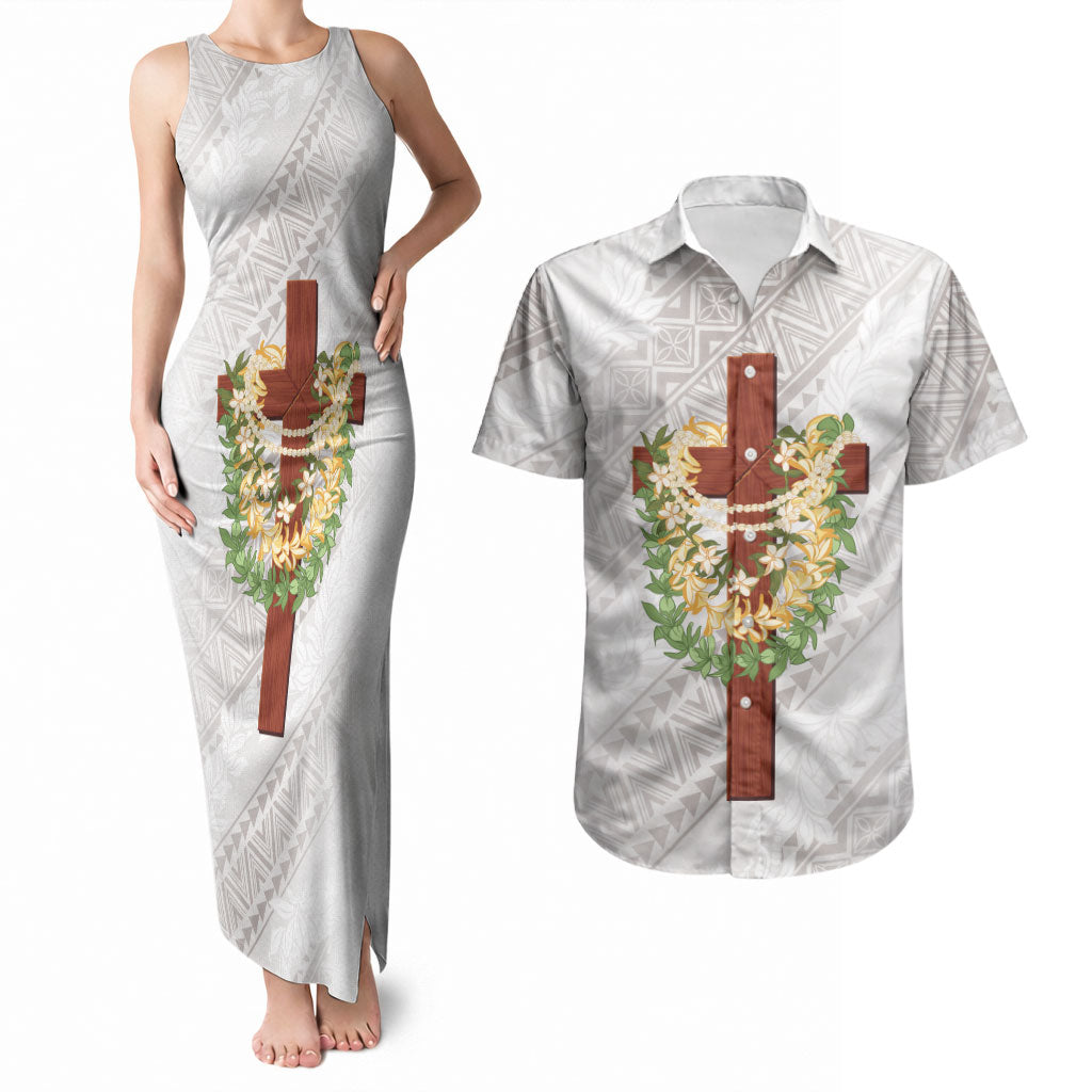 Hawaii Ka Pule a ka Haku Memorial Couples Matching Tank Maxi Dress and Hawaiian Shirt Flower Lei Cross - Ivory White LT7 Ivory - Polynesian Pride