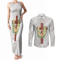 Hawaii Ka Pule a ka Haku Memorial Couples Matching Tank Maxi Dress and Long Sleeve Button Shirt Flower Lei Cross - Ivory White LT7 Ivory - Polynesian Pride