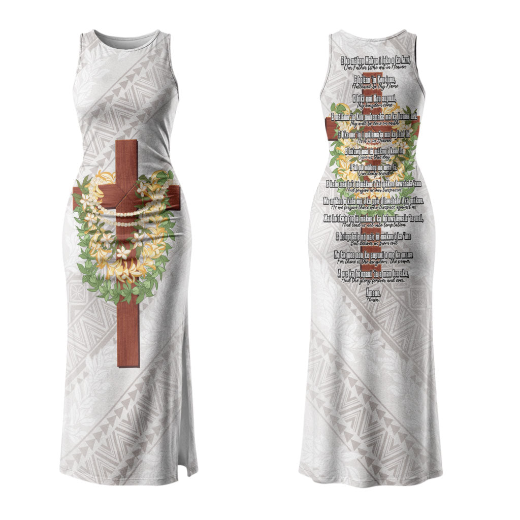 Hawaii Ka Pule a ka Haku Memorial Couples Matching Tank Maxi Dress and Long Sleeve Button Shirt Flower Lei Cross - Ivory White LT7 - Polynesian Pride