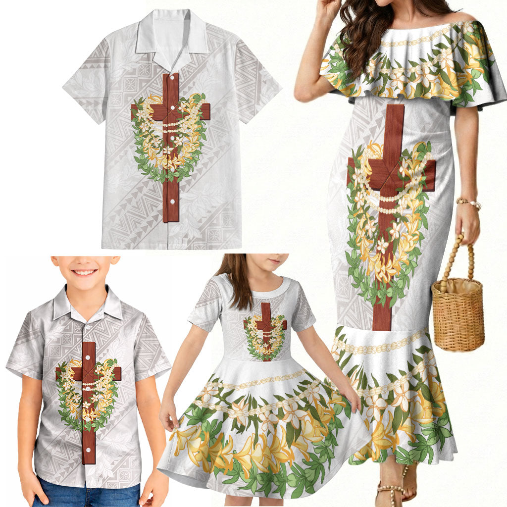 Hawaii Ka Pule a ka Haku Memorial Family Matching Mermaid Dress and Hawaiian Shirt Flower Lei Cross - Ivory White LT7 - Polynesian Pride