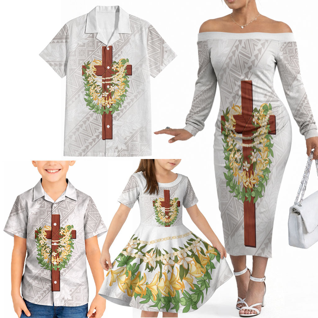 Hawaii Ka Pule a ka Haku Memorial Family Matching Off The Shoulder Long Sleeve Dress and Hawaiian Shirt Flower Lei Cross - Ivory White LT7 - Polynesian Pride