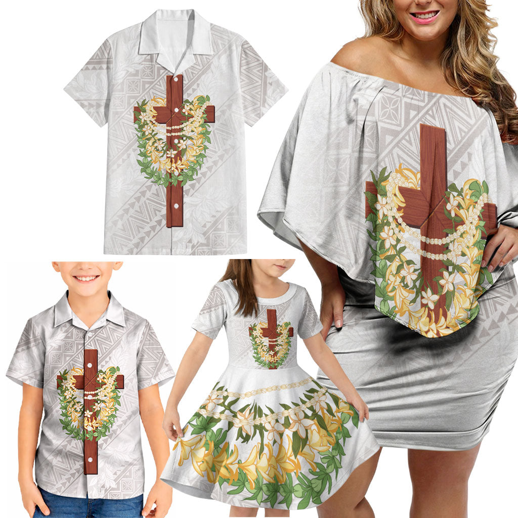 Hawaii Ka Pule a ka Haku Memorial Family Matching Off Shoulder Short Dress and Hawaiian Shirt Flower Lei Cross - Ivory White LT7 - Polynesian Pride