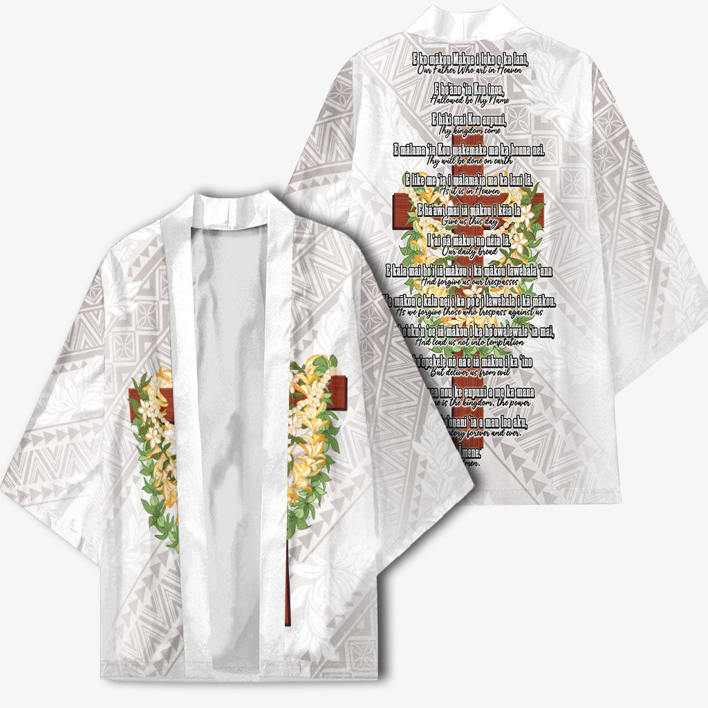Hawaii Ka Pule a ka Haku Memorial Kimono Flower Lei Cross - Ivory White LT7 - Polynesian Pride