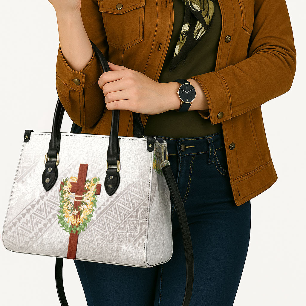 Hawaii Ka Pule a ka Haku Memorial Leather Bag Flower Lei Cross - Ivory White LT7 - Polynesian Pride
