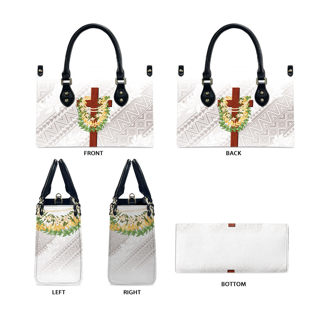 Hawaii Ka Pule a ka Haku Memorial Leather Bag Flower Lei Cross - Ivory White LT7 - Polynesian Pride