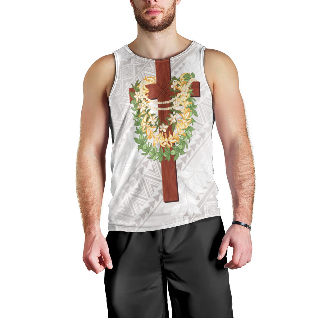 Hawaii Ka Pule a ka Haku Memorial Men Tank Top Flower Lei Cross - Ivory White LT7 - Polynesian Pride