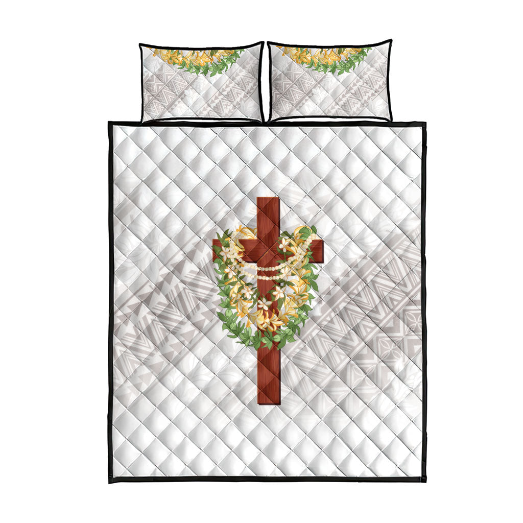 Hawaii Ka Pule a ka Haku Memorial Quilt Bed Set Flower Lei Cross - Ivory White LT7 - Polynesian Pride