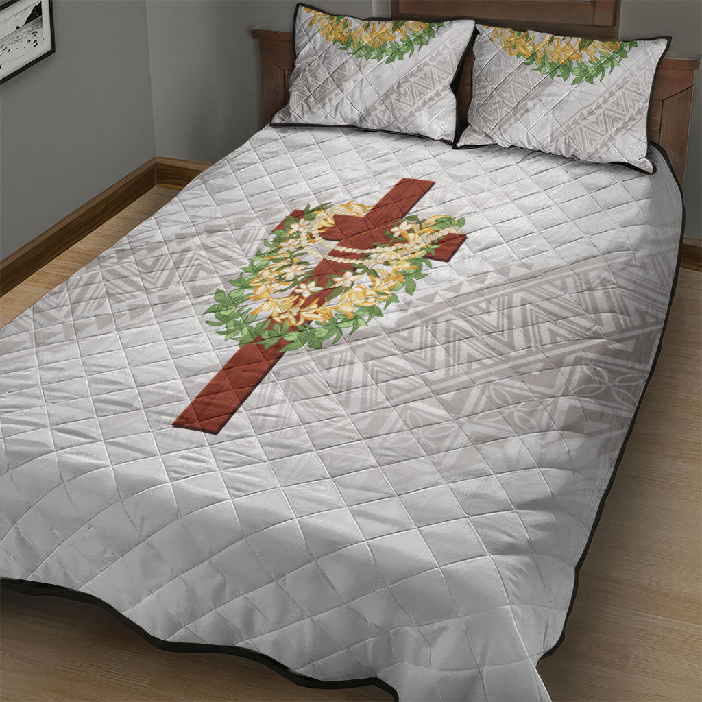 Hawaii Ka Pule a ka Haku Memorial Quilt Bed Set Flower Lei Cross - Ivory White LT7 - Polynesian Pride