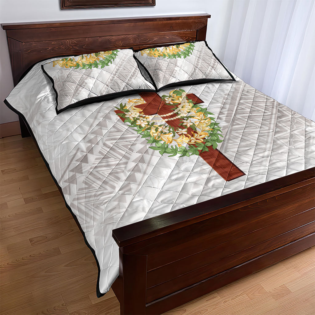 Hawaii Ka Pule a ka Haku Memorial Quilt Bed Set Flower Lei Cross - Ivory White LT7 - Polynesian Pride