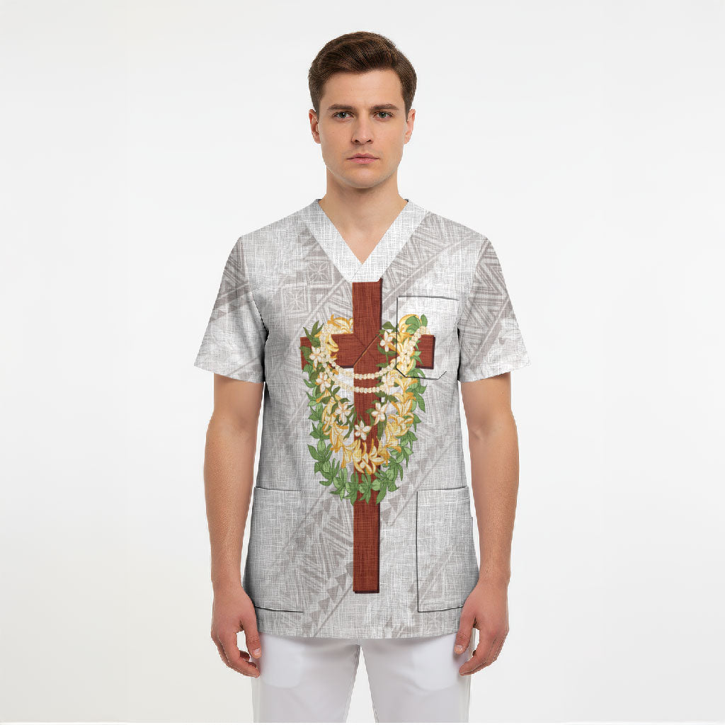 Hawaii Ka Pule a ka Haku Memorial Scrub Top Flower Lei Cross - Ivory White LT7 - Polynesian Pride