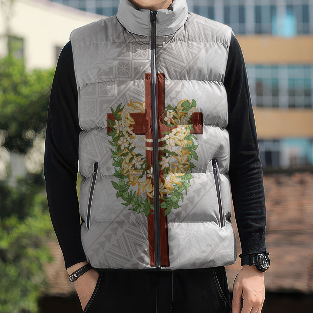 Hawaii Ka Pule a ka Haku Memorial Sleeveless Puffer Jacket Flower Lei Cross - Ivory White LT7 - Polynesian Pride
