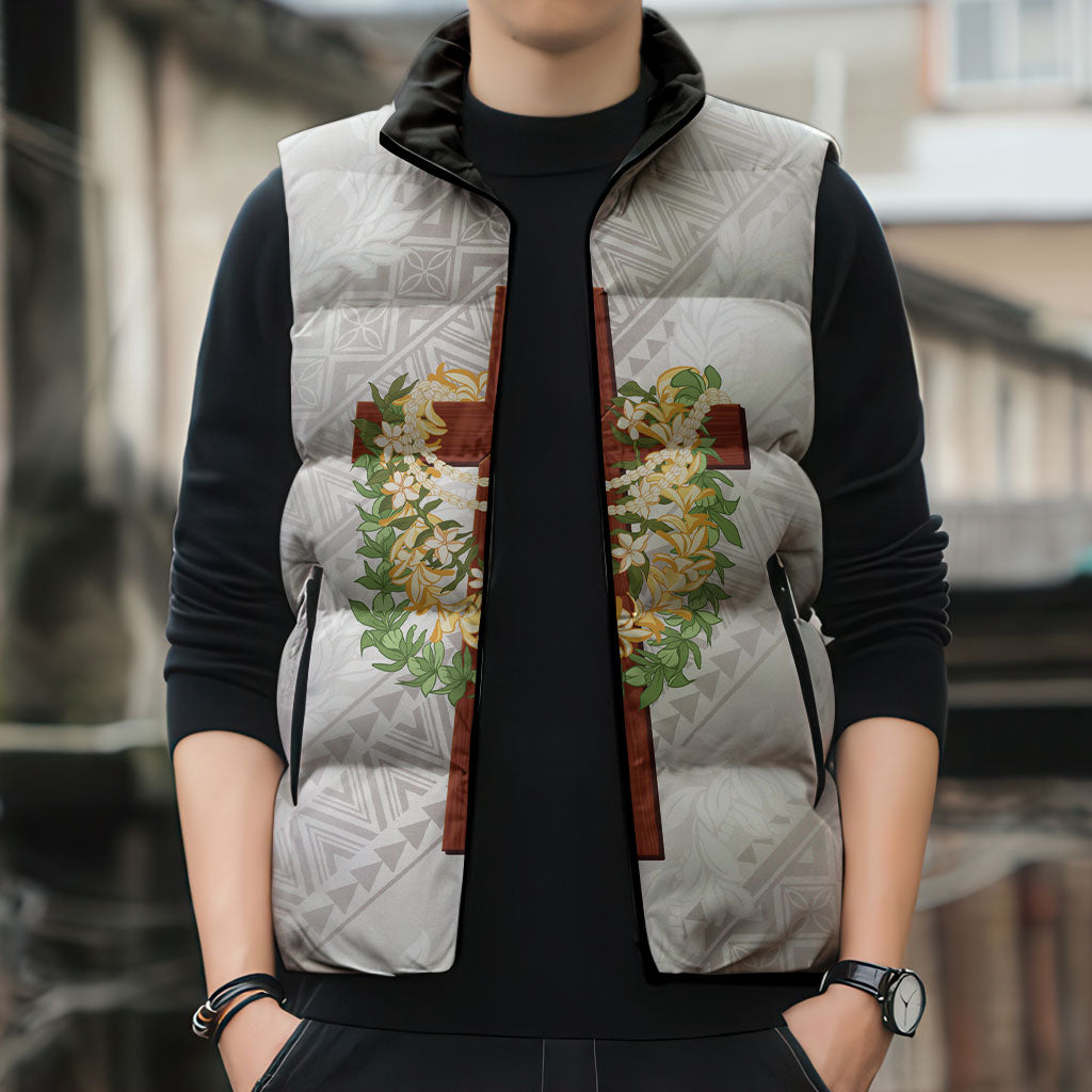 Hawaii Ka Pule a ka Haku Memorial Sleeveless Puffer Jacket Flower Lei Cross - Ivory White LT7 - Polynesian Pride