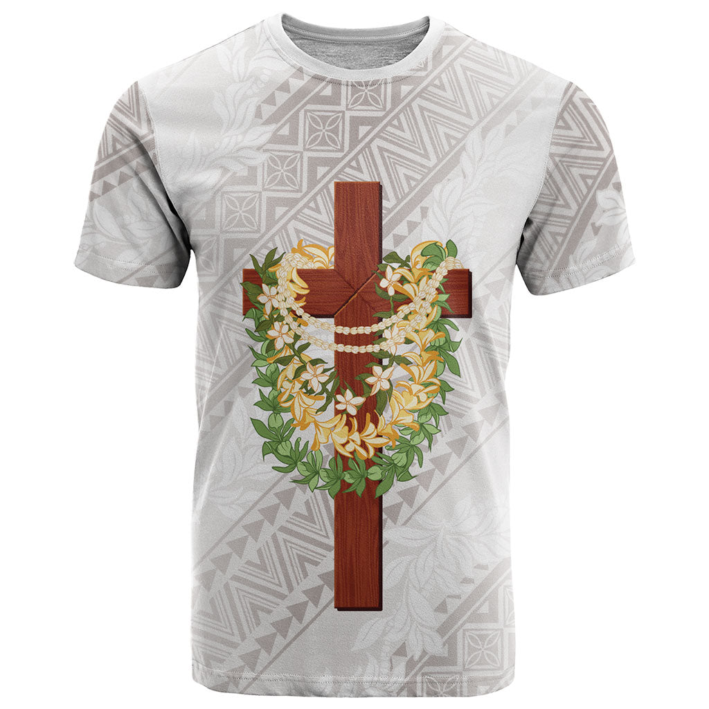 Hawaii Ka Pule a ka Haku Memorial T Shirt Flower Lei Cross - Ivory White LT7 Ivory - Polynesian Pride
