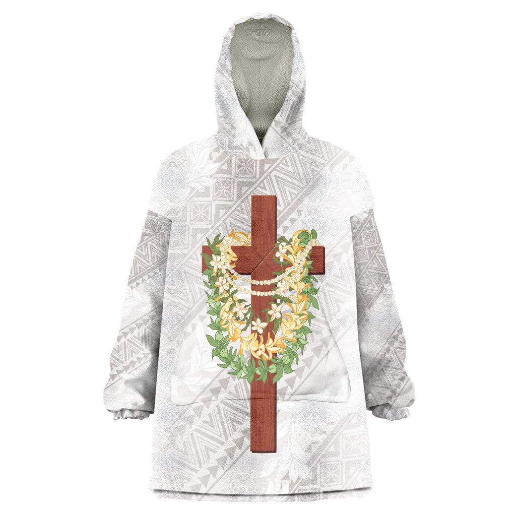 Hawaii ⁠Ka Pule a ka Haku Memorial Wearable Blanket Hoodie Flower Lei Cross - Ivory White