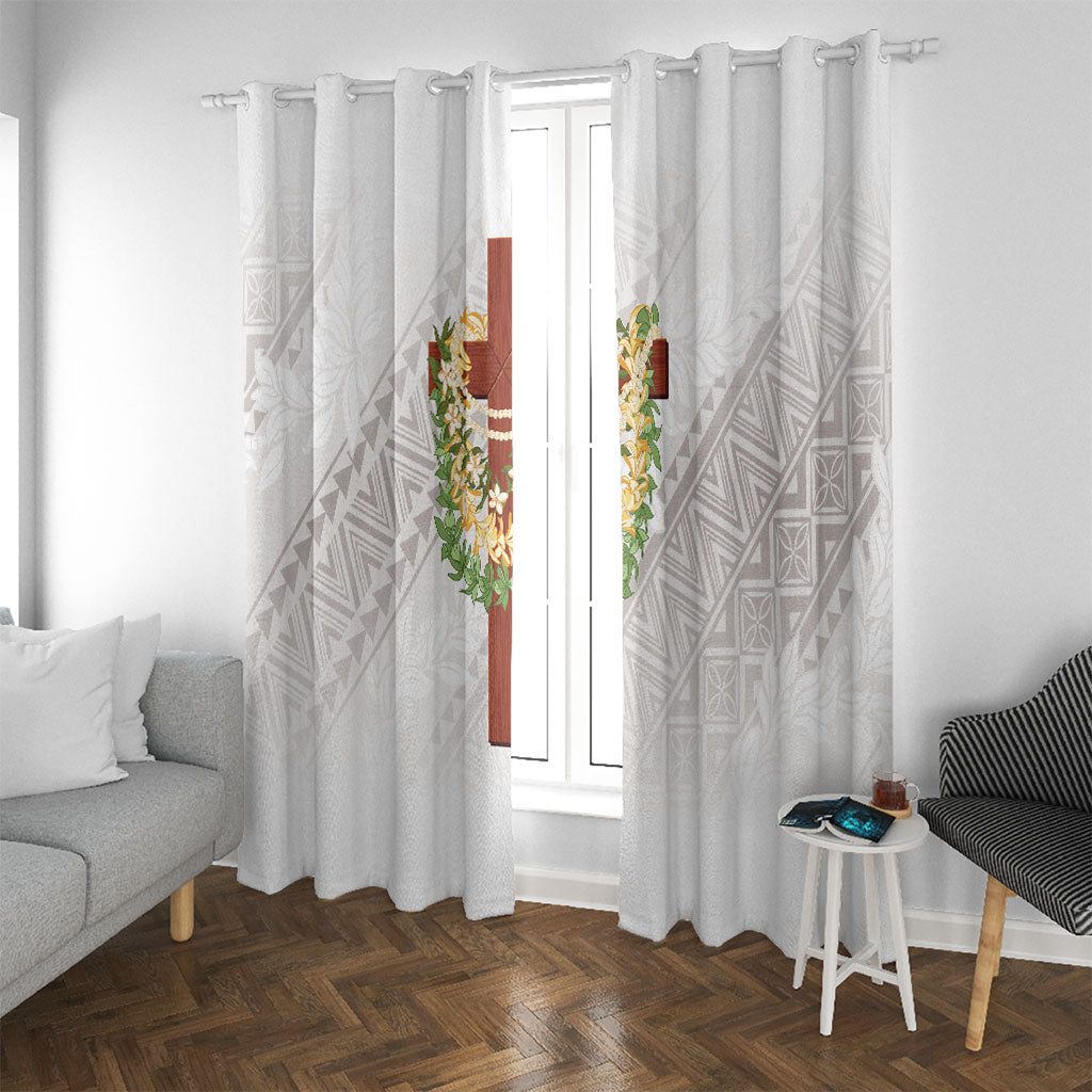 Hawaii Ka Pule a ka Haku Memorial Window Curtain Flower Lei Cross - Ivory White LT7 With Grommets Ivory - Polynesian Pride