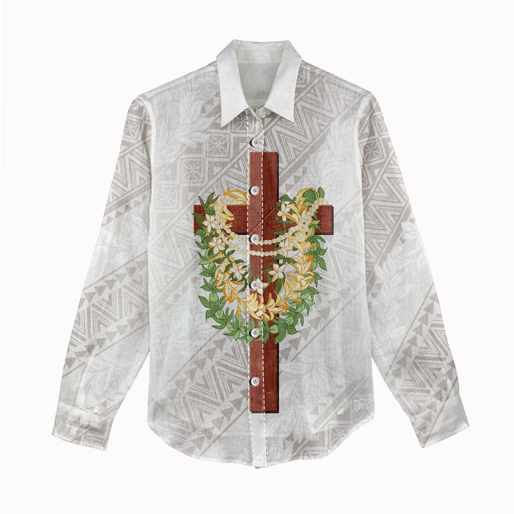 Hawaii Ka Pule a ka Haku Memorial Women Casual Shirt Flower Lei Cross - Ivory White LT7 - Polynesian Pride