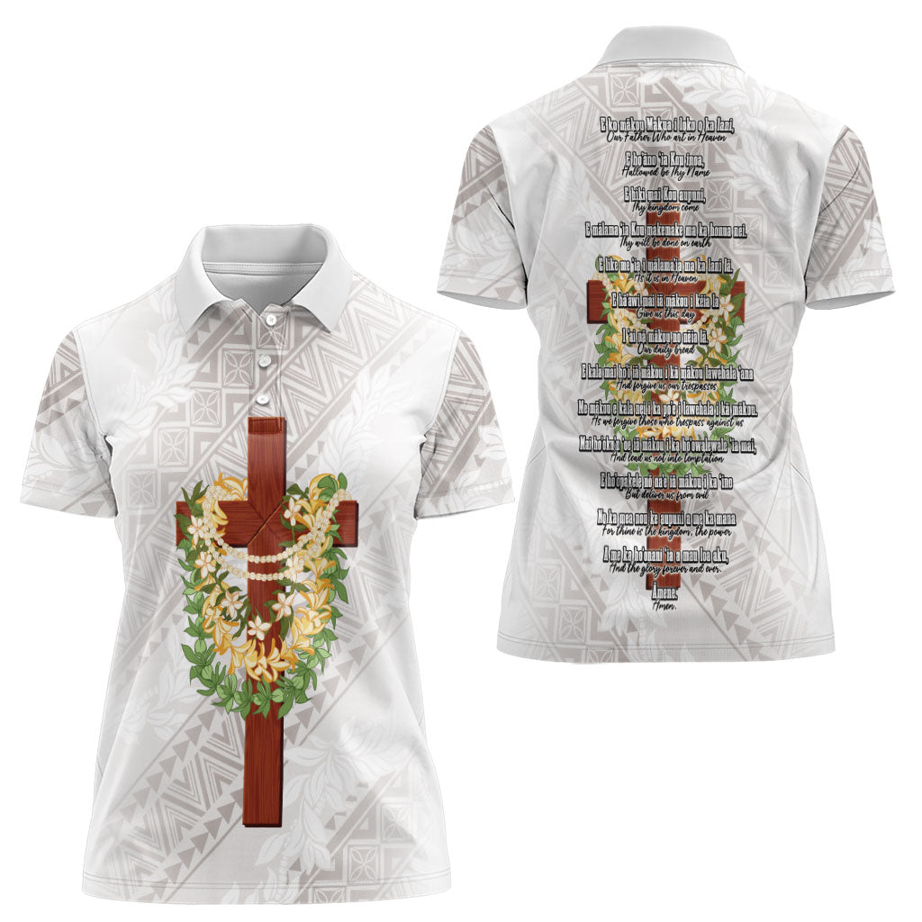 Hawaii Ka Pule a ka Haku Memorial Women Polo Shirt Flower Lei Cross - Ivory White LT7 - Polynesian Pride