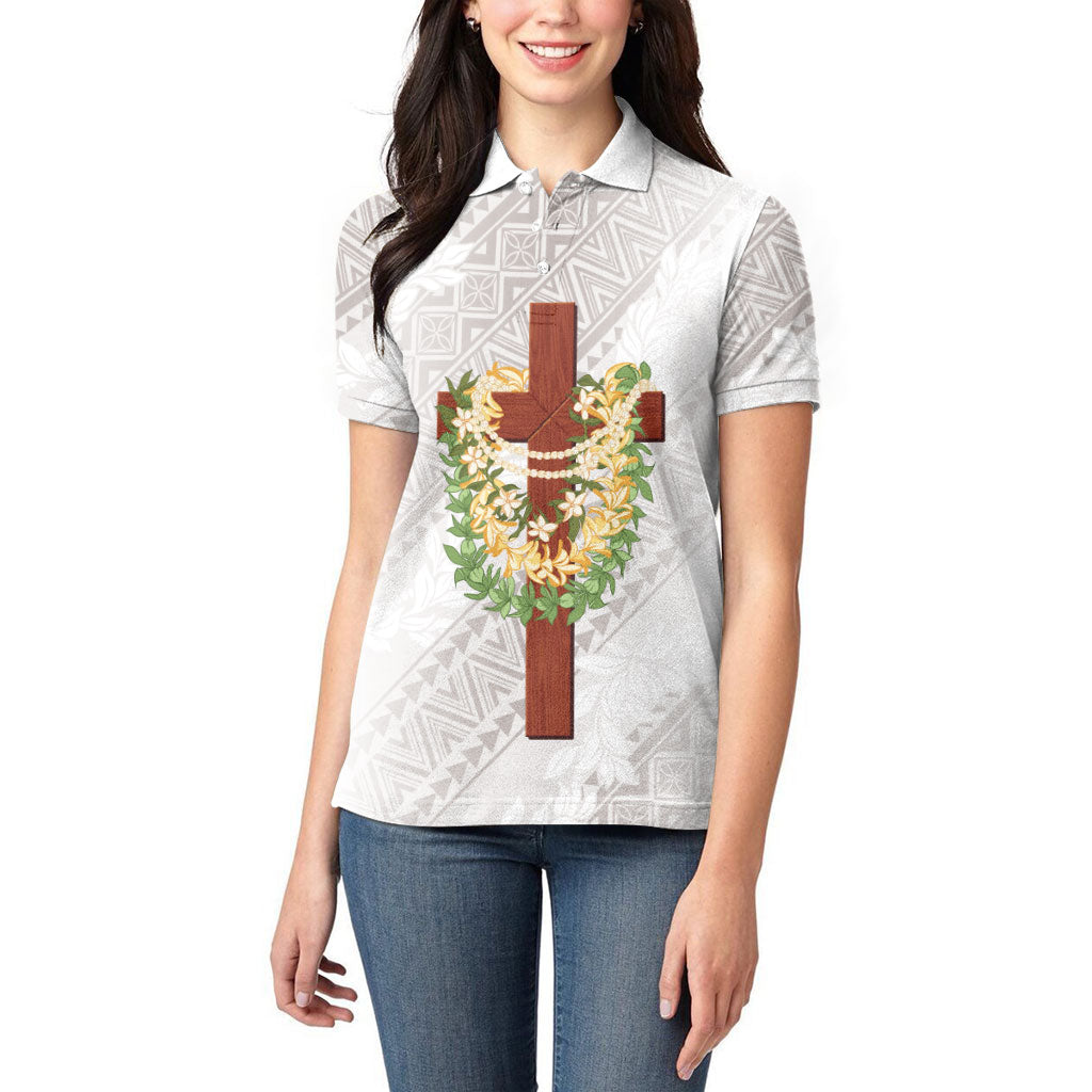 Hawaii Ka Pule a ka Haku Memorial Women Polo Shirt Flower Lei Cross - Ivory White LT7 - Polynesian Pride