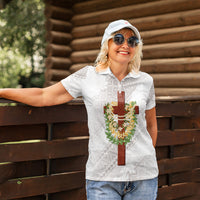 Hawaii Ka Pule a ka Haku Memorial Women Polo Shirt Flower Lei Cross - Ivory White LT7 - Polynesian Pride