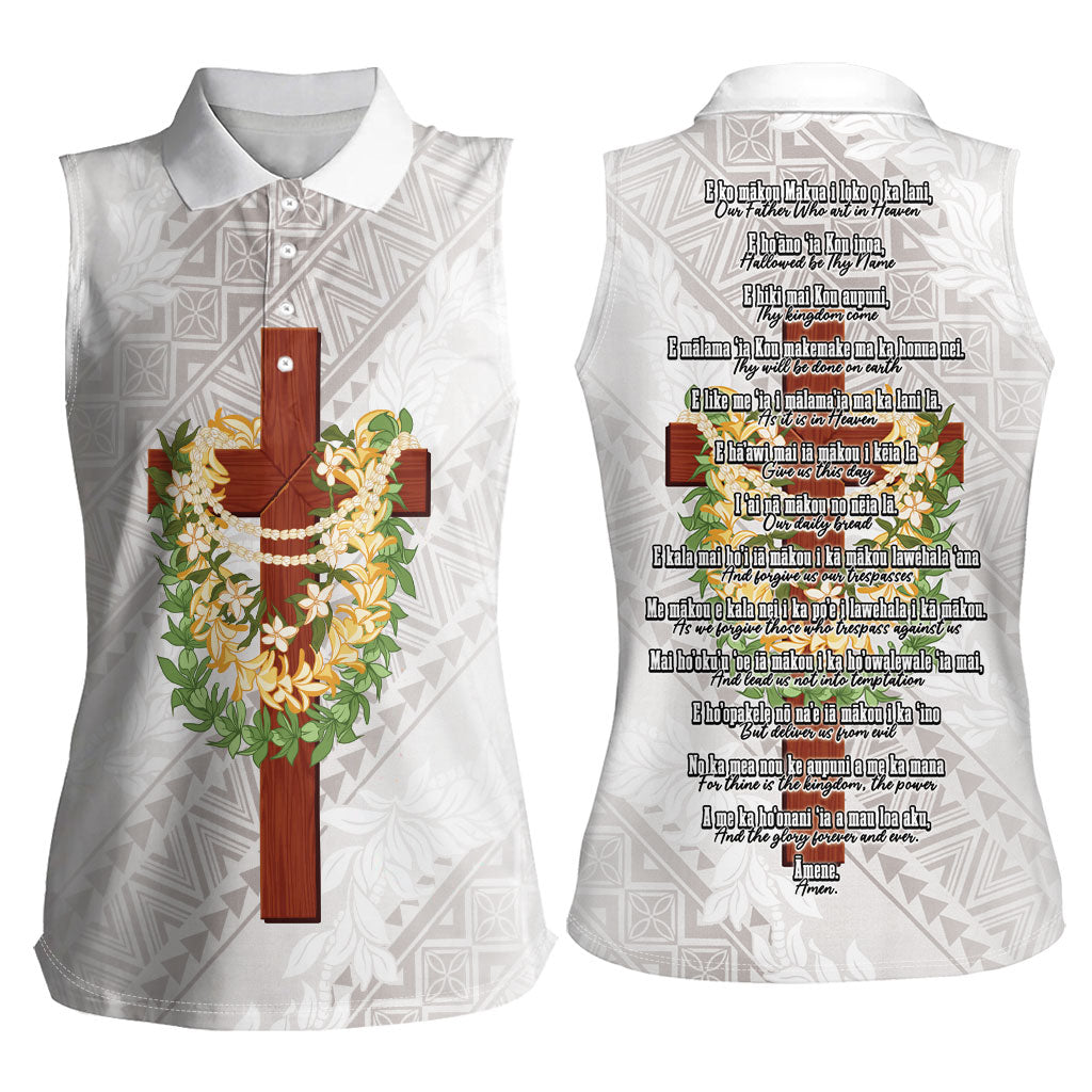 Hawaii Ka Pule a ka Haku Memorial Women Sleeveless Polo Shirt Flower Lei Cross - Ivory White LT7 - Polynesian Pride