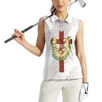 Hawaii Ka Pule a ka Haku Memorial Women Sleeveless Polo Shirt Flower Lei Cross - Ivory White LT7 - Polynesian Pride