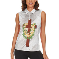 Hawaii Ka Pule a ka Haku Memorial Women Sleeveless Polo Shirt Flower Lei Cross - Ivory White LT7 - Polynesian Pride