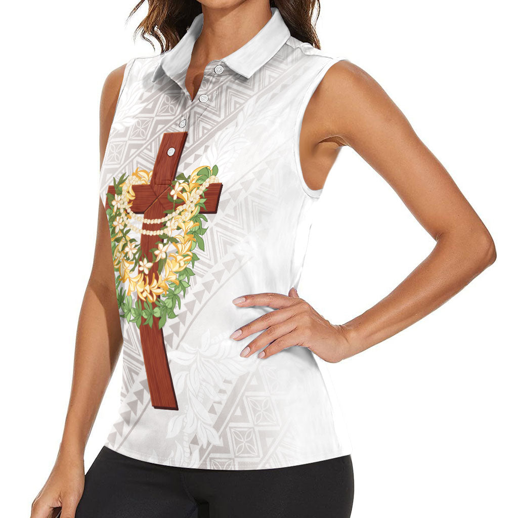 Hawaii Ka Pule a ka Haku Memorial Women Sleeveless Polo Shirt Flower Lei Cross - Ivory White LT7 - Polynesian Pride