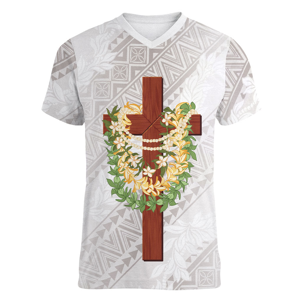Hawaii Ka Pule a ka Haku Memorial Women V-Neck T-Shirt Flower Lei Cross - Ivory White LT7 Female Ivory - Polynesian Pride