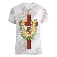 Hawaii Ka Pule a ka Haku Memorial Women V-Neck T-Shirt Flower Lei Cross - Ivory White LT7 Female Ivory - Polynesian Pride