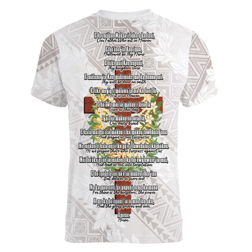 Hawaii Ka Pule a ka Haku Memorial Women V-Neck T-Shirt Flower Lei Cross - Ivory White LT7 - Polynesian Pride