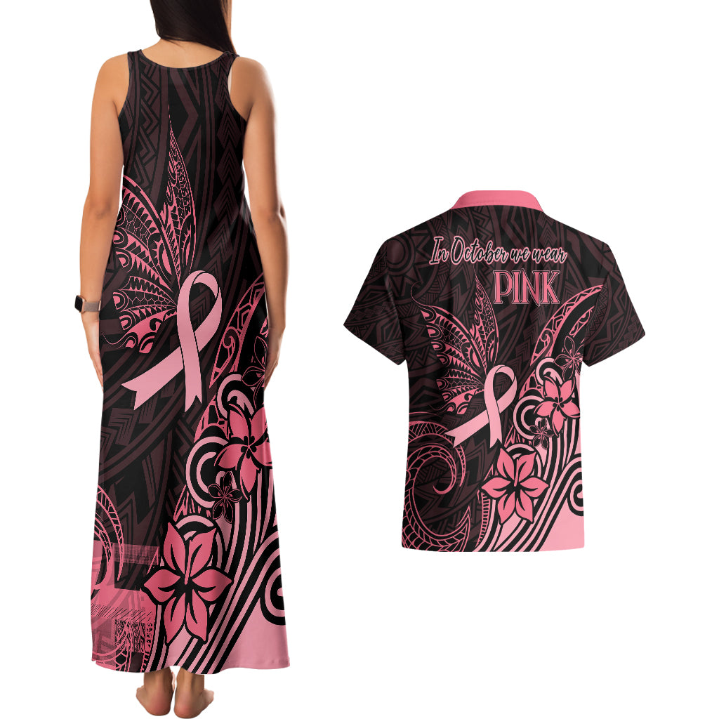 Polynesian Couples Matching Tank Maxi Dress and Hawaiian Shirt Breast Cancer RIbbon Butterfly Mix Plumeria Curves Pink LT7 - Polynesian Pride