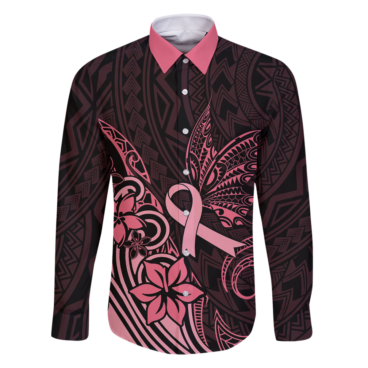 Polynesian Family Matching Off Shoulder Long Sleeve Dress and Hawaiian Shirt Breast Cancer RIbbon Butterfly Mix Plumeria Curves Pink LT7 Dad's Shirt - Long Sleeve Black Pink - Polynesian Pride