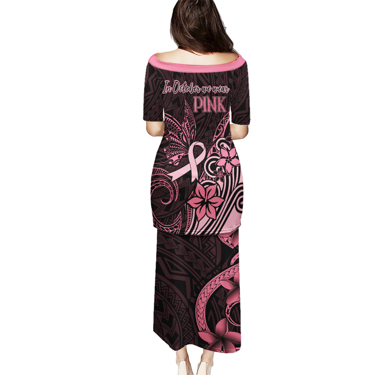 Polynesian Family Matching Puletasi Dress and Hawaiian Shirt Breast Cancer RIbbon Butterfly Mix Plumeria Curves Pink LT7 - Polynesian Pride