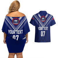 Personalised Samoa Rugby Couples Matching Off Shoulder Short Dress and Hawaiian Shirt World Cup 2023 Siamupini Siva Tau LT7 - Polynesian Pride