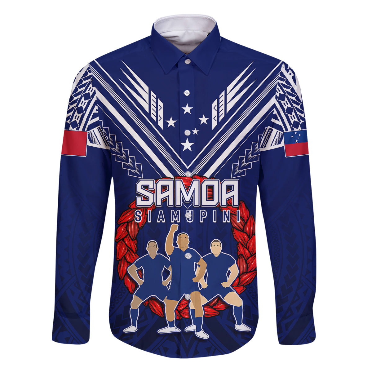 Personalised Samoa Rugby Family Matching Off Shoulder Maxi Dress and Hawaiian Shirt World Cup 2023 Siamupini Siva Tau LT7 Dad's Shirt - Long Sleeve Blue - Polynesian Pride