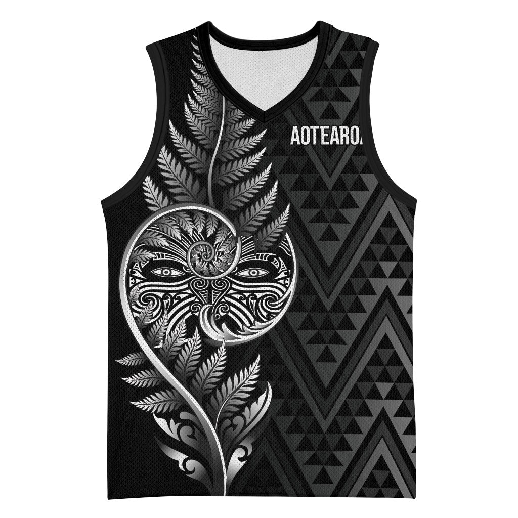 New Zealand Ta Moko Silver Fern Basketball Jersey Taniko Taniwha Motifs LT7 Unisex Black - Polynesian Pride
