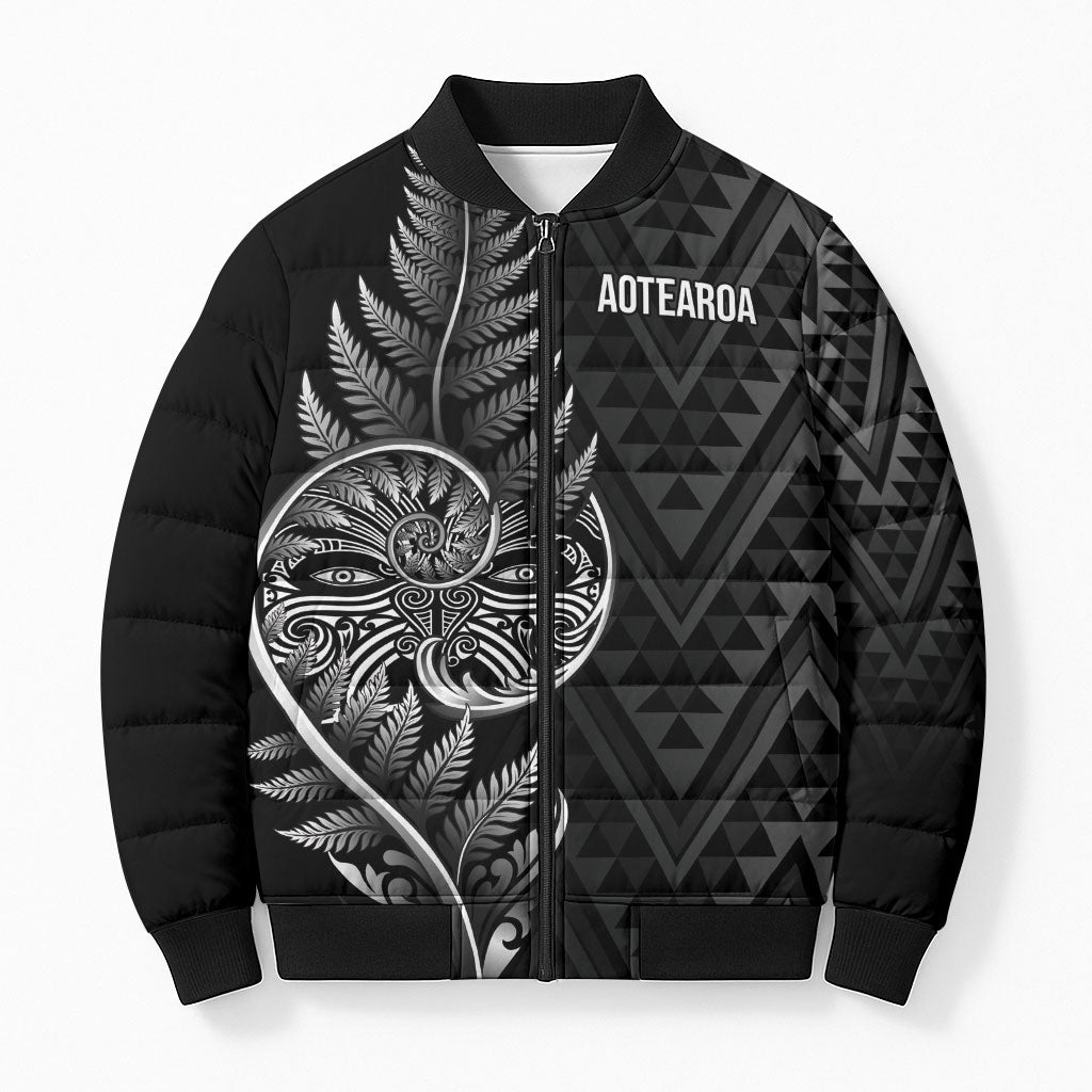 New Zealand Ta Moko Silver Fern Bomber Puffer Jacket Taniko Taniwha Motifs LT7 Unisex Black - Polynesian Pride