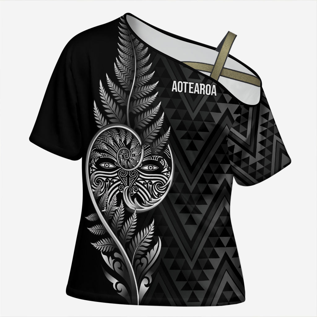 New Zealand Ta Moko Silver Fern Cross Shoulder Shirt Taniko Taniwha Motifs LT7 Female Black - Polynesian Pride